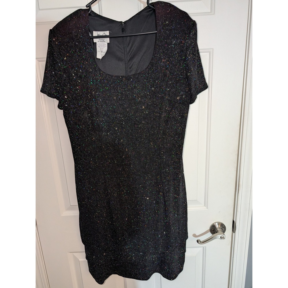 Vintage Jeffrey & Dara Black Holographic Sparkle Mini Dress Size 16 Y2K Party